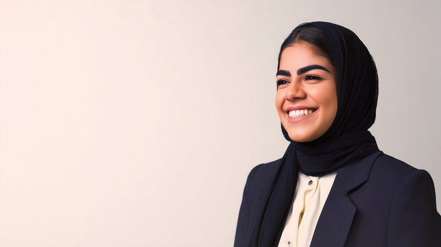Confident Arab businesswoman in professional attire, smiling warmly against a clean white background
