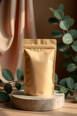 Brown Paper Pouch Bag on Stone Podium – Warm Natural Packaging Scene with Draped Fabric and Eucalyptus Styling