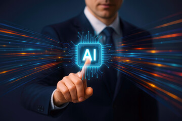 Man touching glowing artificial intelligence chip with data streams suit finger