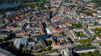 Aerial view of the old town of the city Zwickau on a sunny noon in summer in Germany.