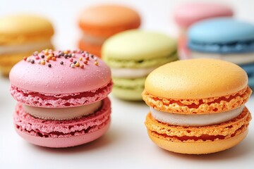 Fototapeta premium Colorful assortment of french macarons with sprinkles on a light background