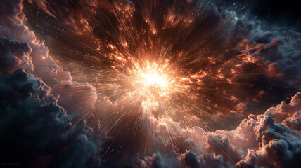 Bright light exploding behind dark clouds in outer space