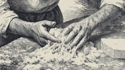 Fototapeta premium Artisan Baker Skillfully Preparing Fresh Dough with Hands in Cozy Kitchen Filled with Warm Light