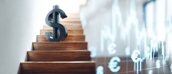 The dollar symbol on a staircase symbolizing financial growth and success.