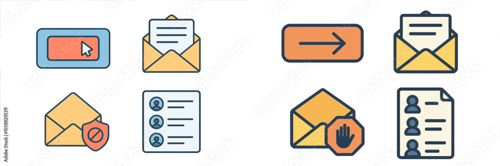 Poster email communication icons illustrating various actions and messages related to sending, receiving, a