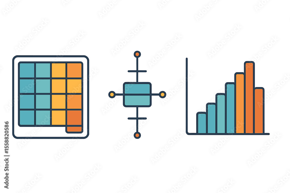 Poster visual representation of data analysis tools featuring grids, charts, and bars used for statistical 