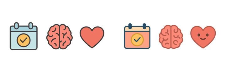 Calendar icons with brain and heart symbols representing mental health and emotional well-being in daily planning