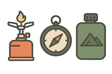 Camping gear including a stove, compass, and water bottle for outdoor adventures