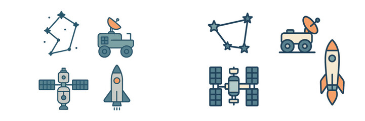 Space exploration concepts featuring rockets, satellites, and constellations in a digital design