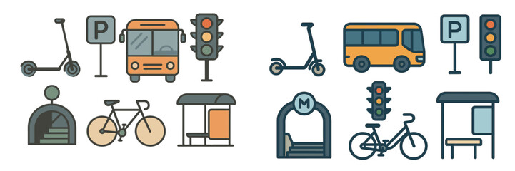 Urban transportation options featuring scooters, buses, bicycles, and traffic signals in a city setting