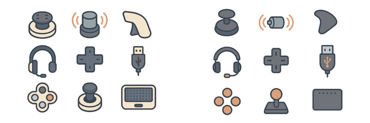 Collection of gaming and audio accessories laid out on a flat surface with various buttons and input devices arranged neatly