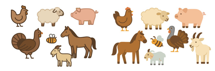 Farm animals illustrated in a charming and simple style showcasing various creatures in a playful arrangement