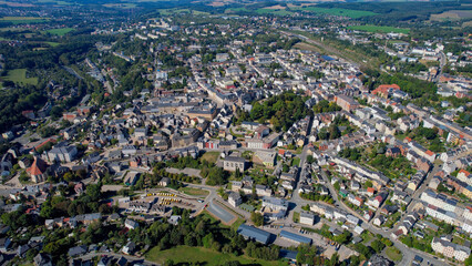 Aerial view of the old town of the city Reichenbach on a sunny noon in summer in Germany.