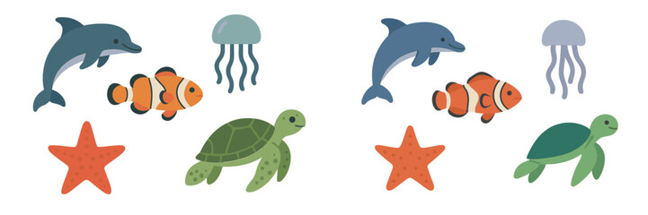 Colorful marine life with dolphins, turtles, clownfish, jellyfish, and starfish in a playful underwater illustration