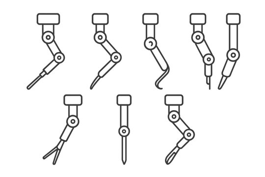 Illustrations of various robotic arms showing distinct joint movements and manipulator designs for diverse tasks