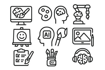 Exploring creativity and technology integration in art and design with various tools and symbols