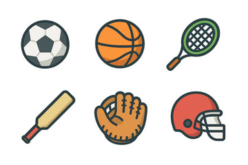 Fototapeta premium Collection of sports equipment icons featuring soccer, basketball, tennis, baseball, and football gear for various activities