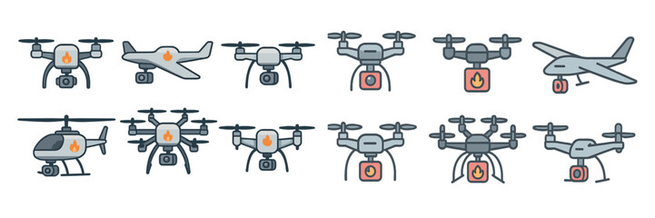 Illustration of various types of drones including quadcopters, fixed-wing drones, and helicopters for aerial photography