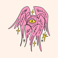 Bible cartoon pink accurate angel hand-drawn doodle psychedelic illustration with many eyes isolated clipart on white background. Perfect for tattoo or sticker or t shirt print and more. Be not afraid