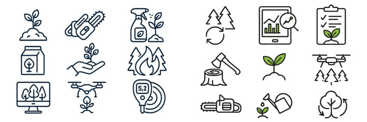Colorful icons depicting various aspects of environmental sustainability and forestry management techniques used for conservation efforts