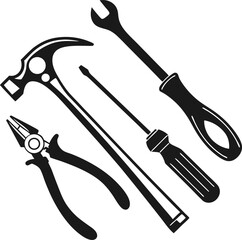 Vector art of a set of construction tools isolated on white background, including hammer, wrench