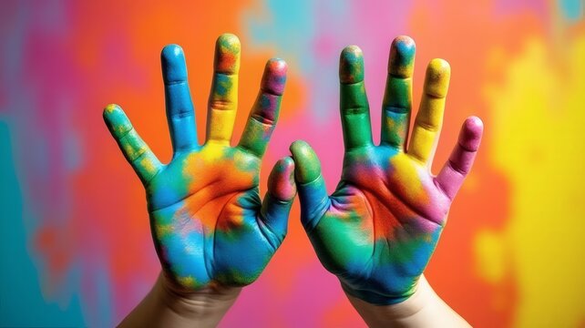 Children’s hands covered in vivid paint on colorful background, symbolizing creativity and fun - Powered by Adobe