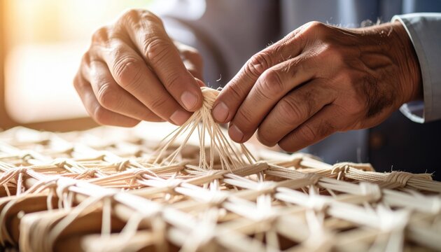 Close up of craftsman's hands weaving intricate rattan pattern on furniture frame using traditional handcraft techniques in artisanal workshop setting.