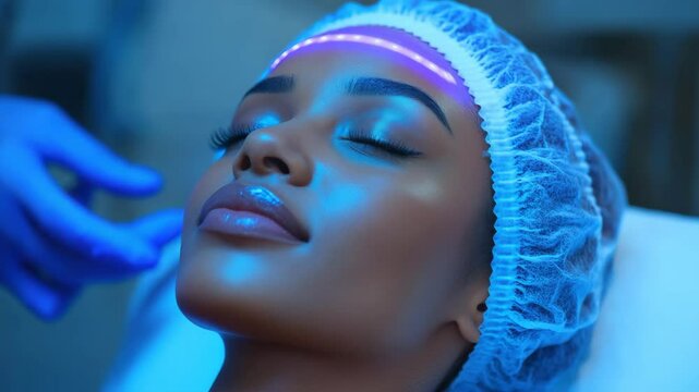 Facial skin treatment blue light therapy woman hair cap relaxation skincare clinical procedure close up beauty care medical gloves glowing skin spa eyebrow mapping calm expression medical spa