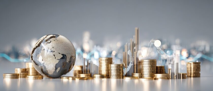 The globe surrounded by coins representing global financial growth and prosperity.