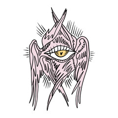 Bible cartoon pink accurate angel hand-drawn doodle psychedelic illustration with many eyes isolated clipart on white background. Perfect for tattoo or sticker or t shirt print and more. Be not afraid