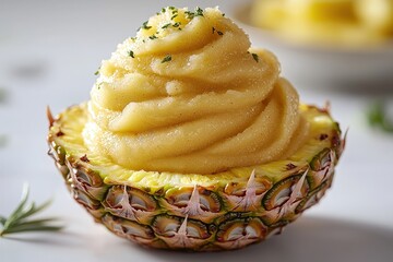 Whipped delight: smooth pineapple sorbet in a halved pineapple bowl with herbal garnish