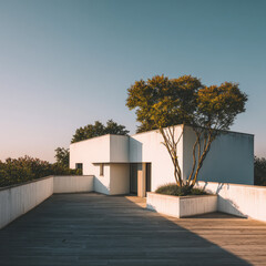Fototapeta premium A Geometric Modern House Nestled in Trees with a Large Rooftop Terrace