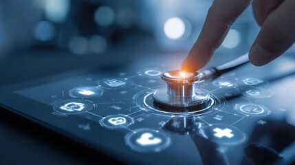 Close-up of stethoscope touching a glowing tablet screen with futuristic digital health icons, blue tech background, concept of telemedicine and remote diagnostics