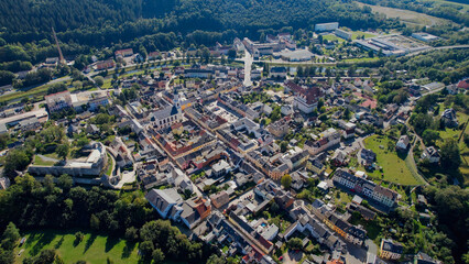Aerial panorama view of the old town of the city Elsterberg on a sunny noon in summer in Germany.