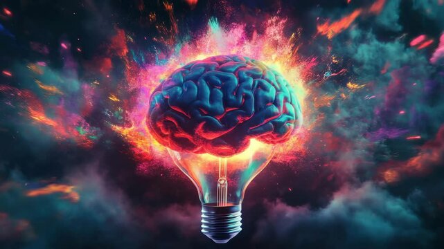 Brain inside light bulb colorful explosion background creative idea concept vibrant energy glowing effect abstract innovation symbol dynamic light effects bright ideas glowing energy vibrant abstract