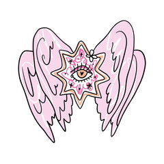 Bible cartoon pink accurate angel hand-drawn doodle psychedelic illustration with many eyes isolated clipart on white background. Perfect for tattoo or sticker or t shirt print and more. Be not afraid