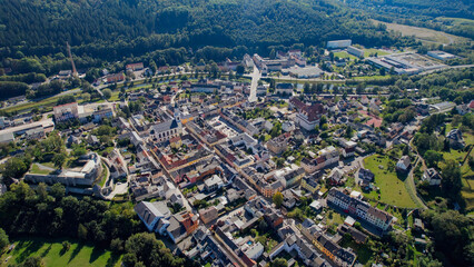 Aerial panorama view of the old town of the city Elsterberg on a sunny noon in summer in Germany.