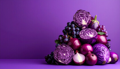 Purple grapes, red cabbage, eggplant, and onion slices arranged in vibrant composition on purple background, showcasing fresh vegetables and fruits with rich colors and textures