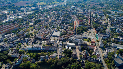 Aerial  panorama view of the old town of the city Plauen on a sunny noon in summer in Germany.