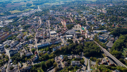 Aerial  panorama view of the old town of the city Plauen on a sunny noon in summer in Germany.