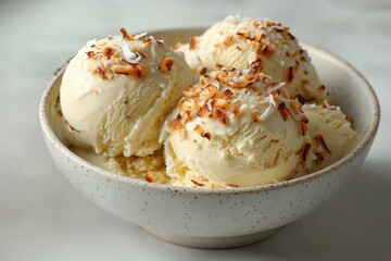 Delicious vanilla ice cream with toasted coconut topping in rustic bowl