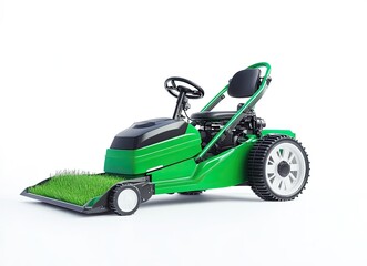 Fototapeta premium Green riding lawn mower with grass clippings.