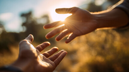 Close-up of two hands reaching out and connecting in natural light, one hand helping another up from below, concept of support, kindness, and human connection