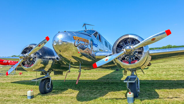 Breclav, Czech Republic, Air day Breclav 2025 &ndash; June. 21. 2025 Vintage Aircraft Southern Comfort Aviation Show Chrome Propeller Engine .Beechcraft Model 18 (C-45H Expeditor) "Southern Comfort
