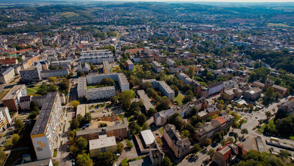 Aerial  panorama view of the old town of the city Plauen on a sunny noon in summer in Germany.