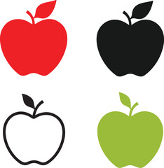 Four stylized apples in red black white outline and green colors