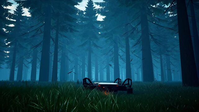 Silent forest warfare scene: EMP pulse disables enemy drone mid-air, captured in ultra-realistic 16K with cold blue lighting, cinematic mist, and thermal, close-up, and wide camera views.