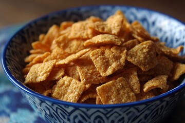 Rustic brown cereal pieces in bright blue bowl setting  
