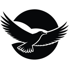 Stylized black bird in flight with outstretched wings against a circular background