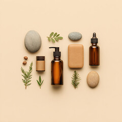 Flat Lay of Clean Skincare Products with Natural Ingredients on Beige